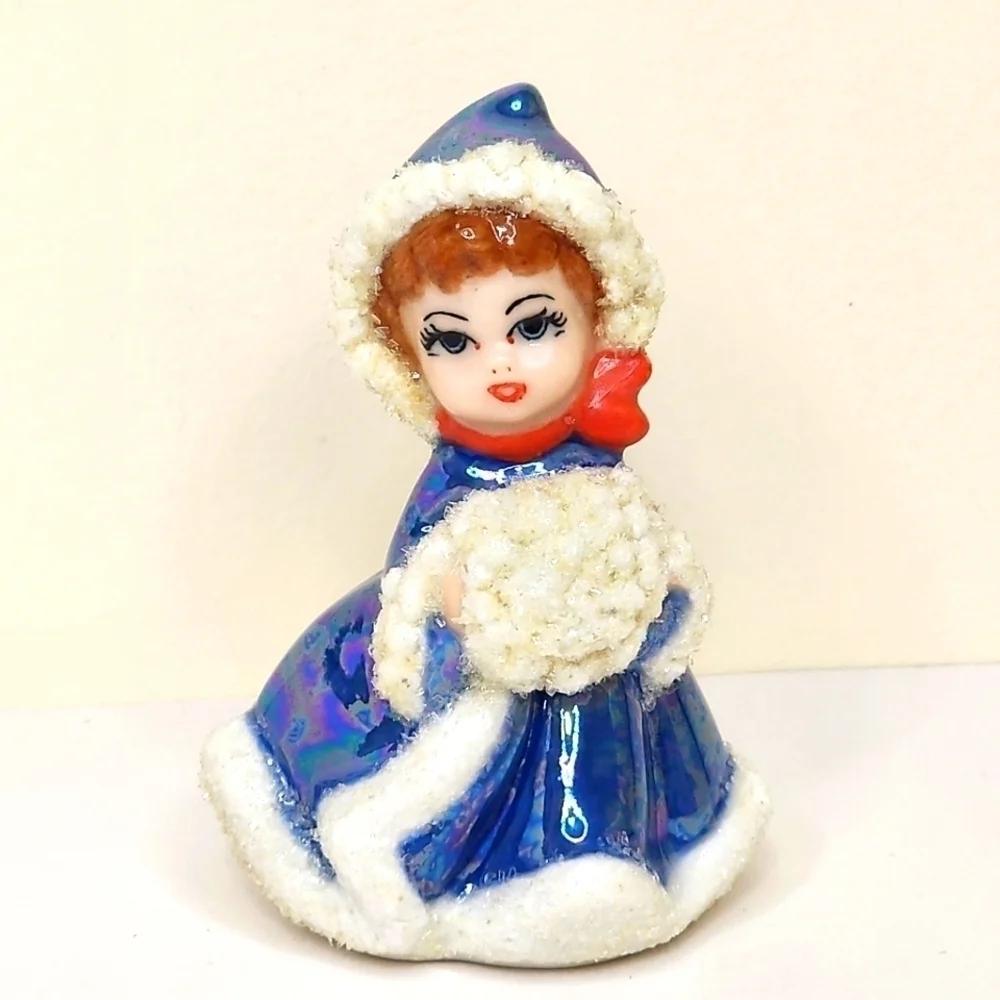 Vintage Christmas Decor Snow Girl Figurine Porcelain Glitter Iridescent - Picture 1 of 10